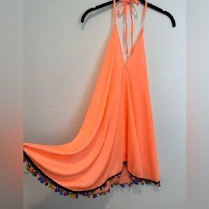 Neon Coral Swimsuit Coverup with Pom Details